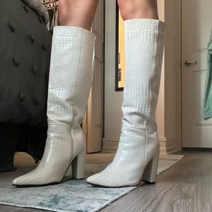 Beige Crocodile Knee High Boots